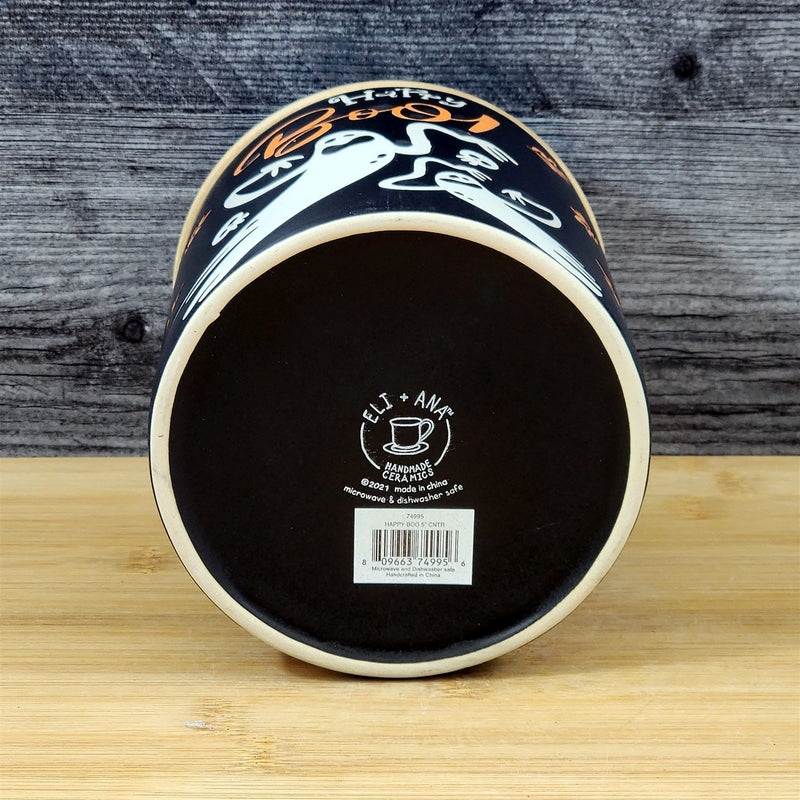 Load image into Gallery viewer, Halloween Ghosts Canister and Bamboo Lid Embossed 4" Ceramic Jar Blue Sky Orange