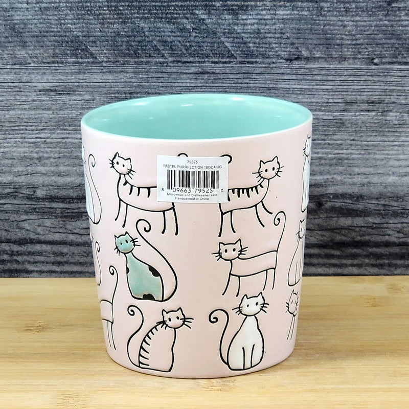 Load image into Gallery viewer, Cat Lover Coffee Mug Embossed Ceramic Tea Cup Blue Sky Pastel Pink 18oz