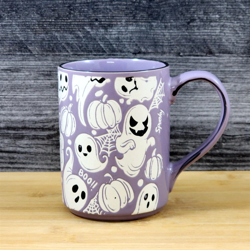Load image into Gallery viewer, Purple Halloween Ghost Pumpkin Mug Spooky Ceramic Coffee Tea Cup by Blue Sky