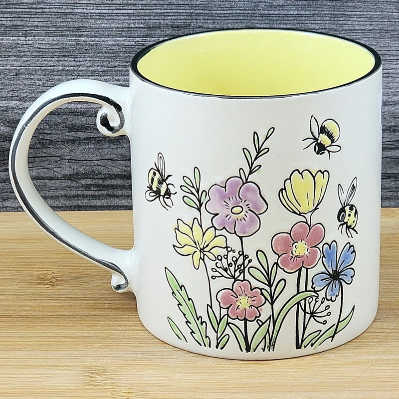 Load image into Gallery viewer, Floral Coffee Mug Summer Bee's Yellow Pink Flowers 21oz Cup Embossed Blue Sky
