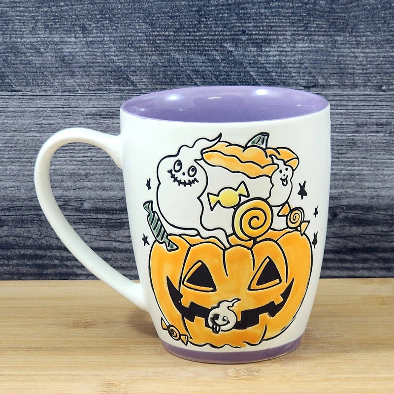 Load image into Gallery viewer, Halloween Coffee Mug Jack-O-Lantern Whimsical Purple Tea Cup Ceramic Blue Sky 18