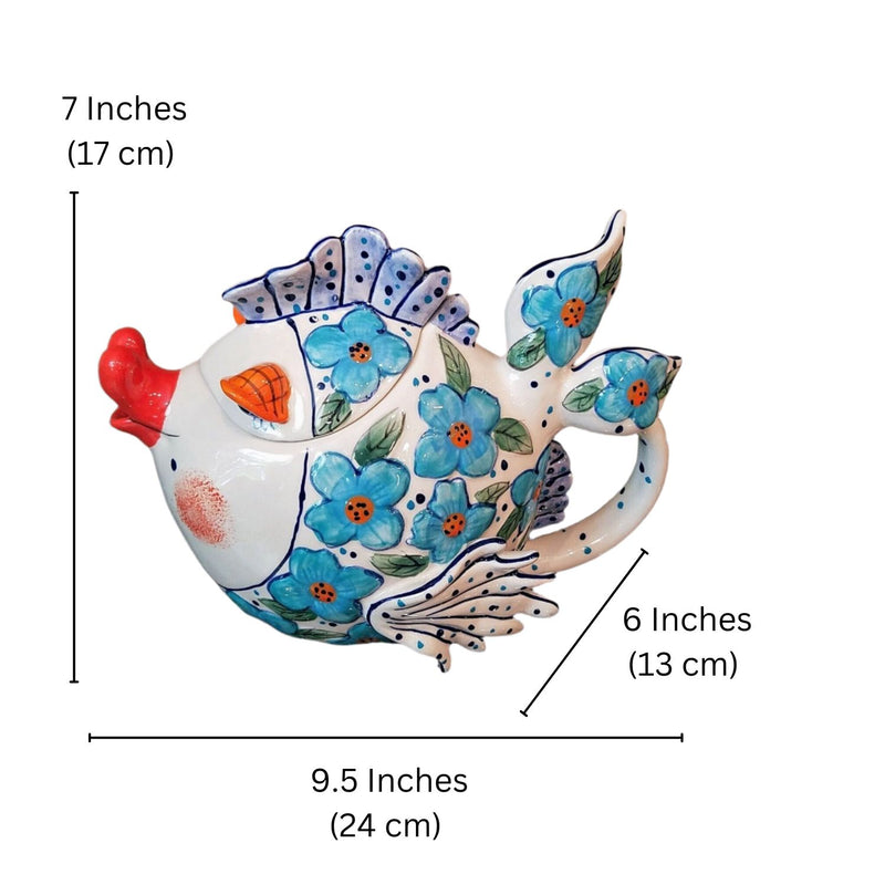 Load image into Gallery viewer, Flower Kissy Fish Teapot Ceramic Tea Pot Embossed Decor Blue Sky Diane Artware