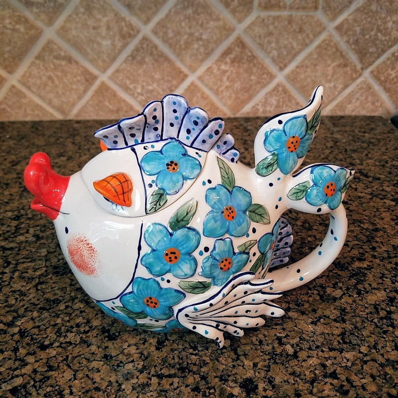Load image into Gallery viewer, Flower Kissy Fish Teapot Ceramic Tea Pot Embossed Decor Blue Sky Diane Artware