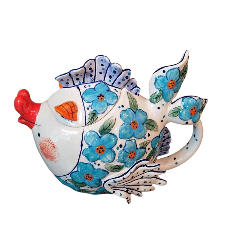 Load image into Gallery viewer, Flower Kissy Fish Teapot Ceramic Tea Pot Embossed Decor Blue Sky Diane Artware