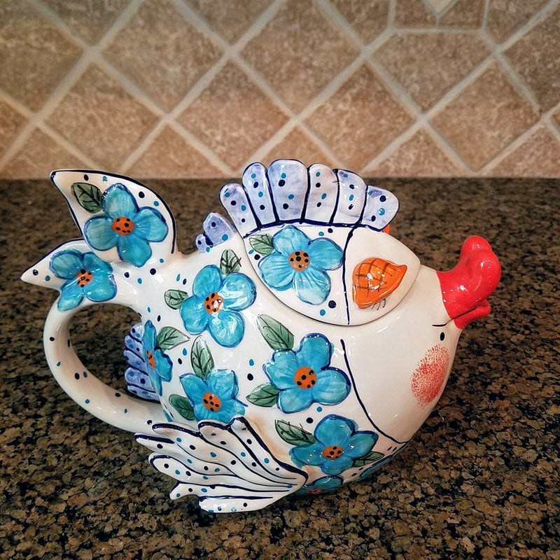 Load image into Gallery viewer, Flower Kissy Fish Teapot Ceramic Tea Pot Embossed Decor Blue Sky Diane Artware