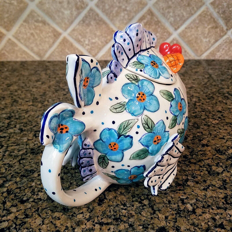 Load image into Gallery viewer, Flower Kissy Fish Teapot Ceramic Tea Pot Embossed Decor Blue Sky Diane Artware
