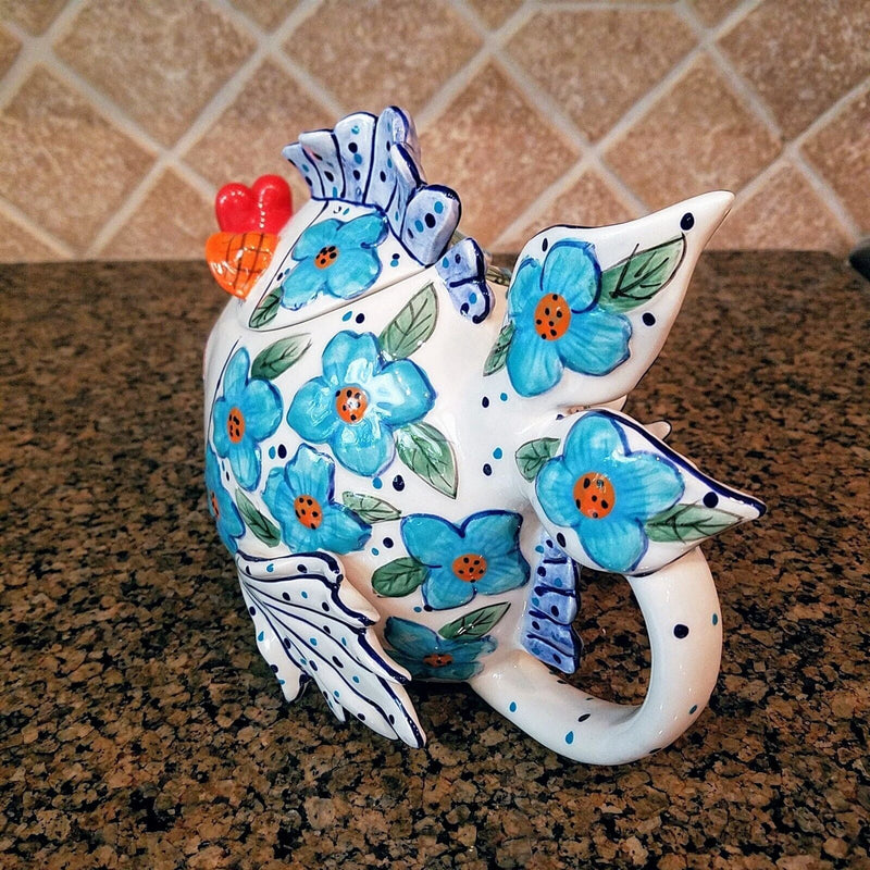 Load image into Gallery viewer, Flower Kissy Fish Teapot Ceramic Tea Pot Embossed Decor Blue Sky Diane Artware
