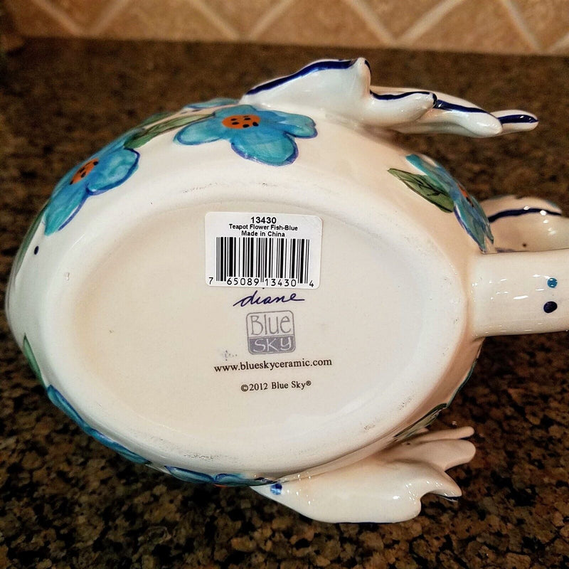 Load image into Gallery viewer, Flower Kissy Fish Teapot Ceramic Tea Pot Embossed Decor Blue Sky Diane Artware