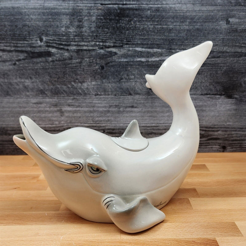 Load image into Gallery viewer, Gray Dolphin Teapot Ceramics Animal Tea Pot by Blue Sky and Lynda Corneille