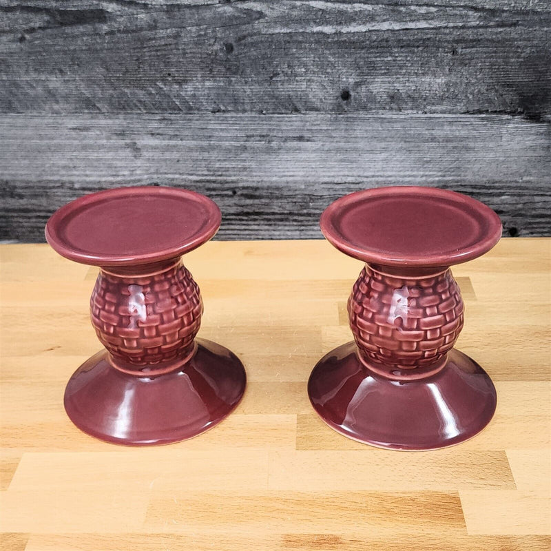 Load image into Gallery viewer, Longaberger Pedestal Candleholders Woven Tradition Paprika Set of 2 Pillar 5"