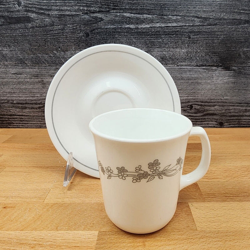 Load image into Gallery viewer, Corelle Corning Ribbon Bouquet 4 Coffee Mug & Saucer Set Tea Cup Gray Ceramic