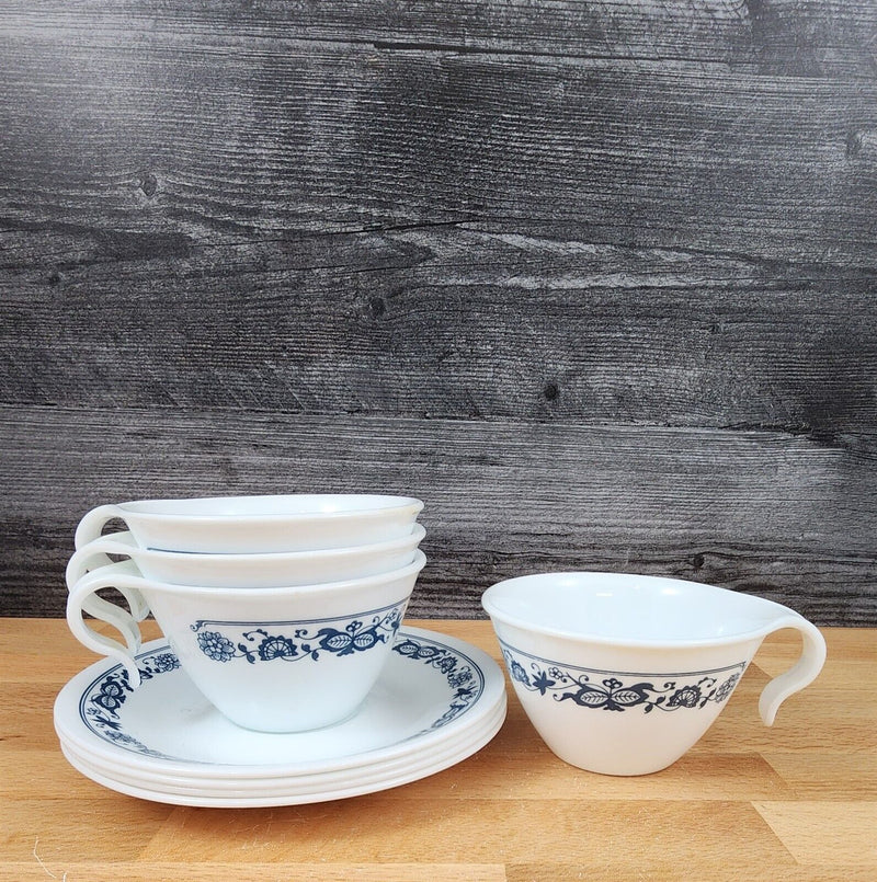 Load image into Gallery viewer, Corelle Corning Old Town Blue Set of 3 Flat Cup & Saucer with Hook Handle Mugs