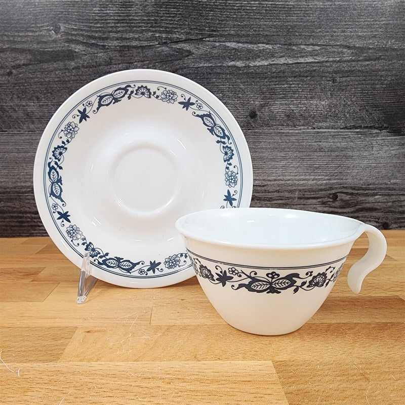 Load image into Gallery viewer, Corelle Corning Old Town Blue Set of 3 Flat Cup & Saucer with Hook Handle Mugs