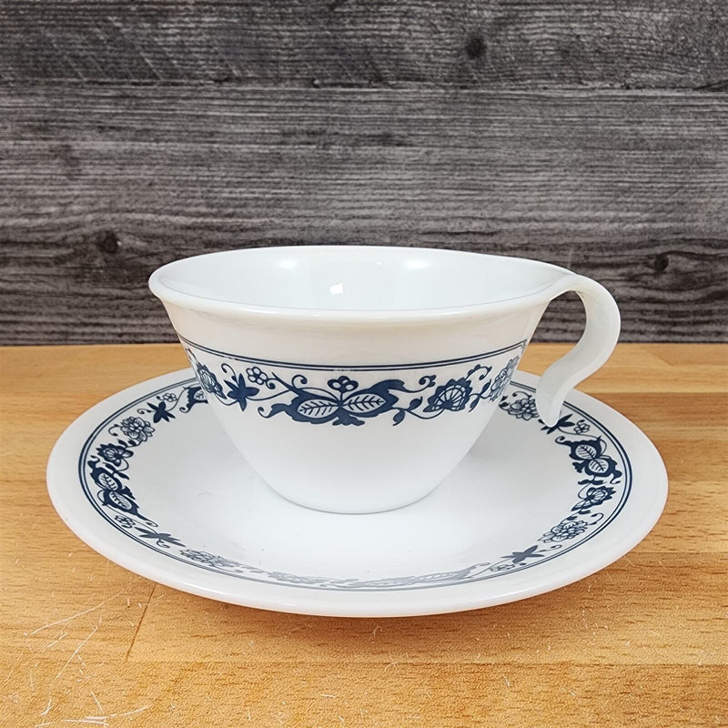 Load image into Gallery viewer, Corelle Corning Old Town Blue Set of 3 Flat Cup & Saucer with Hook Handle Mugs