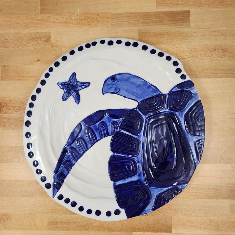 Load image into Gallery viewer, Blue Magic Sea Turtle Plate Embossed 14" Round Platter Nautical by Blue Sky