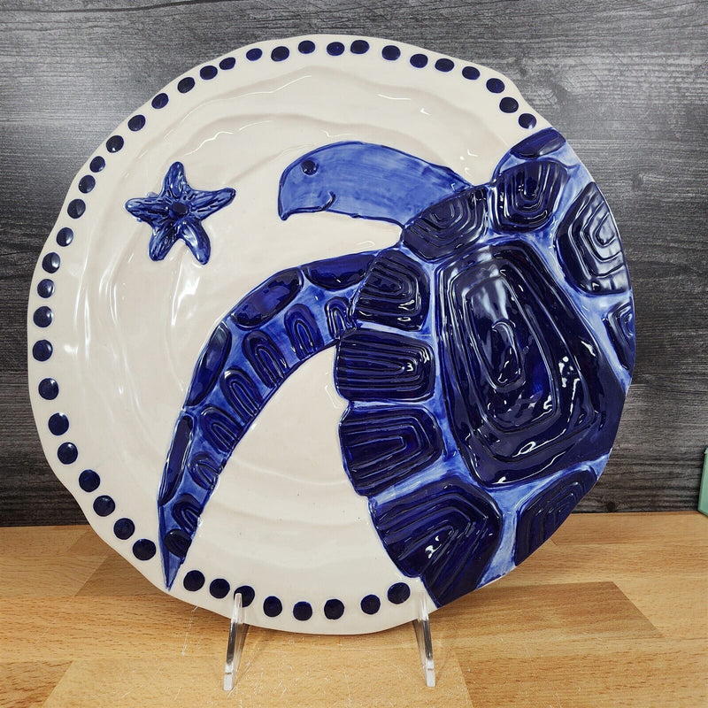 Load image into Gallery viewer, Blue Magic Sea Turtle Plate Embossed 14" Round Platter Nautical by Blue Sky