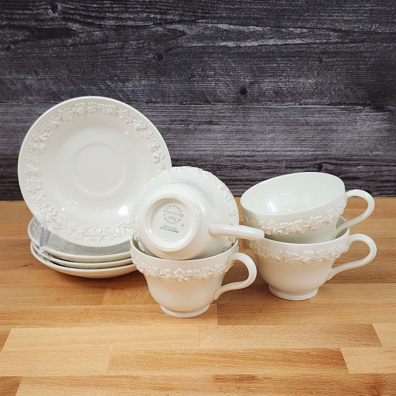 Load image into Gallery viewer, Wedgwood Cream Tea Cup & Saucer 4 Set Embossed Mug Queens Ware Etruria Barlaston