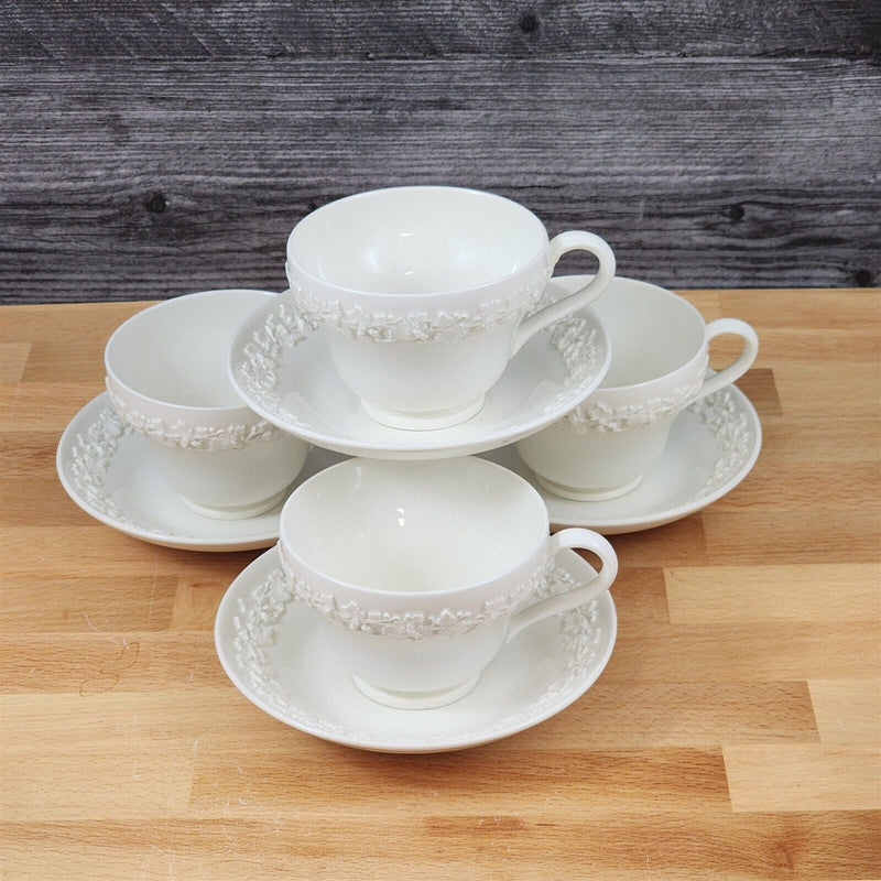 Load image into Gallery viewer, Wedgwood Cream Tea Cup & Saucer 4 Set Embossed Mug Queens Ware Etruria Barlaston