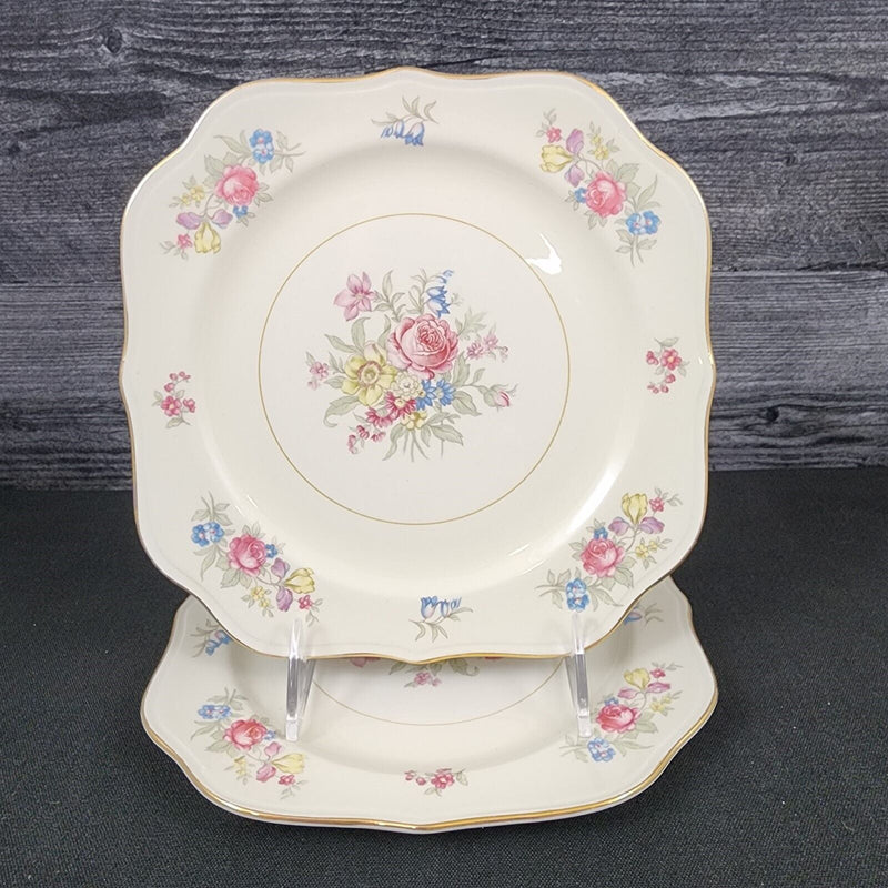Load image into Gallery viewer, Homer Laughlin Dresden Square Salad 2 Plate Set Eggshell Nautilus Floral 8” USA