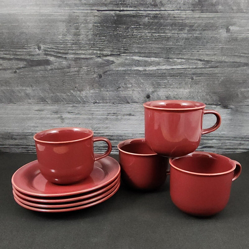 Load image into Gallery viewer, Nancy Calhoun Raspberry Red 4 Tea Cup & Saucer Set Ceramic Stoneware Coffee Mugs