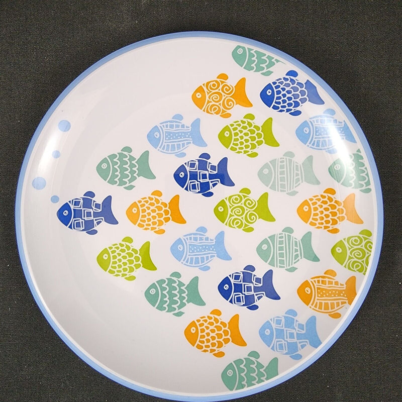 Load image into Gallery viewer, Melamine Plate Fish Pattern Blue Green Orange Set of 4 Coastal Dinner Dish 9"