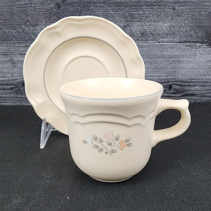 Load image into Gallery viewer, Pfaltzgraff Remembrance 3 Tea Cup Saucer Pink Peach White Flowers Stoneware Mug