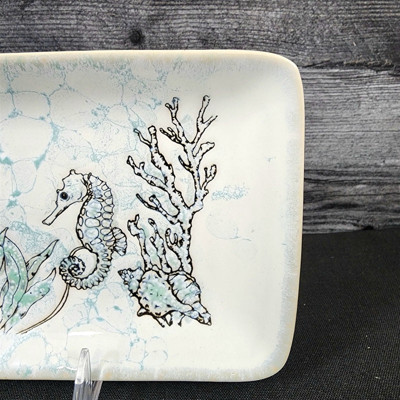 Load image into Gallery viewer, Sea Horse and Shells Serving Plate 10" Platter Blue Sky Tray Ceramic Embossed