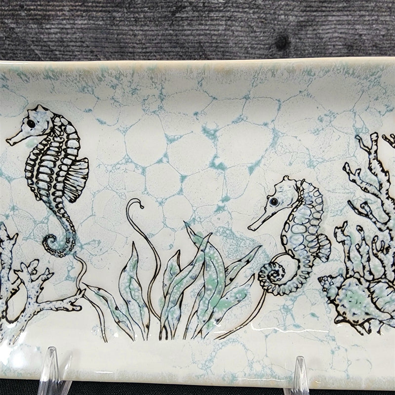 Load image into Gallery viewer, Sea Horse and Shells Serving Plate 10" Platter Blue Sky Tray Ceramic Embossed
