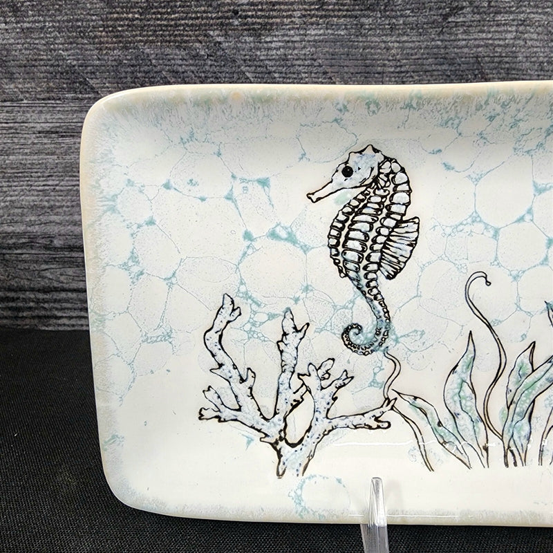 Load image into Gallery viewer, Sea Horse and Shells Serving Plate 10" Platter Blue Sky Tray Ceramic Embossed