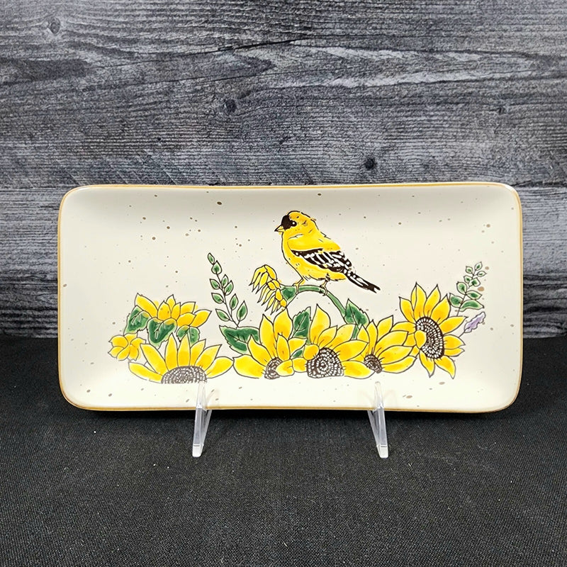 Load image into Gallery viewer, Goldfinch Sunflower Serving Plate 10" Platter Blue Sky Tray Ceramic Embossed