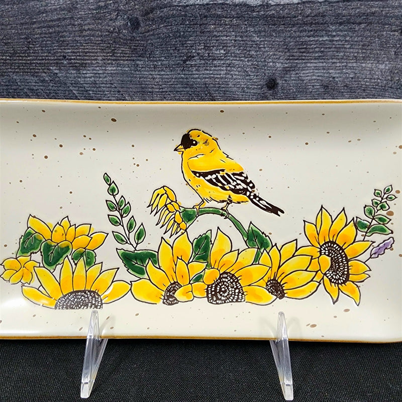 Load image into Gallery viewer, Goldfinch Sunflower Serving Plate 10" Platter Blue Sky Tray Ceramic Embossed