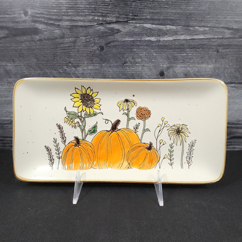 Load image into Gallery viewer, Pumpkin Sunflowers Serving Plate 10" Platter Blue Sky Tray Ceramic Embossed