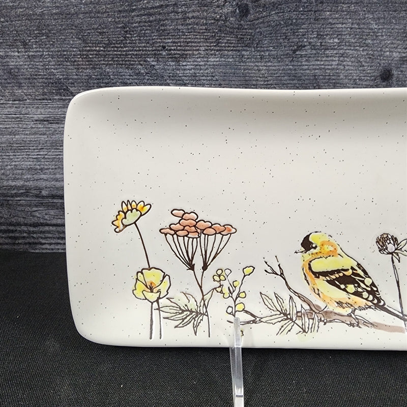 Load image into Gallery viewer, Flowers and Yellow Bird Serving Plate 10" Platter Blue Sky Tray Ceramic Embossed