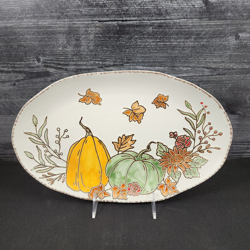 Load image into Gallery viewer, Harvest Autumn Pumpkin Platter Embossed Oval Serving Tray Ceramic Blue Sky 13.5"