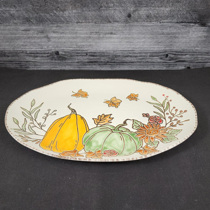 Load image into Gallery viewer, Harvest Autumn Pumpkin Platter Embossed Oval Serving Tray Ceramic Blue Sky 13.5"