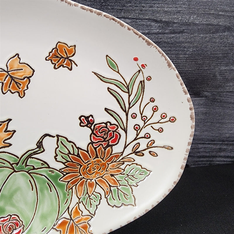 Load image into Gallery viewer, Harvest Autumn Pumpkin Platter Embossed Oval Serving Tray Ceramic Blue Sky 13.5"