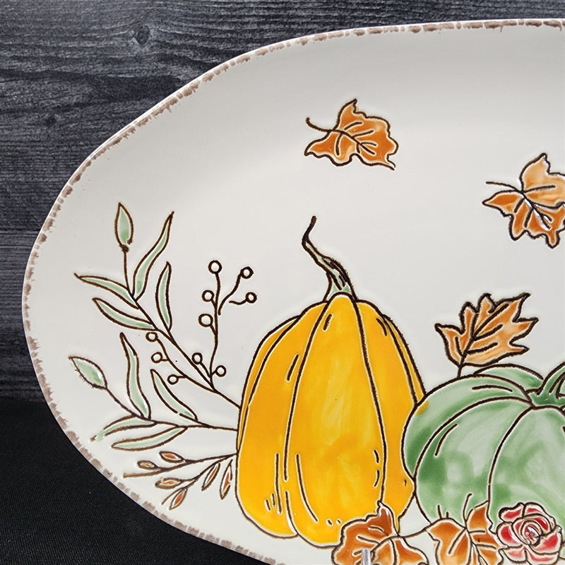 Load image into Gallery viewer, Harvest Autumn Pumpkin Platter Embossed Oval Serving Tray Ceramic Blue Sky 13.5"