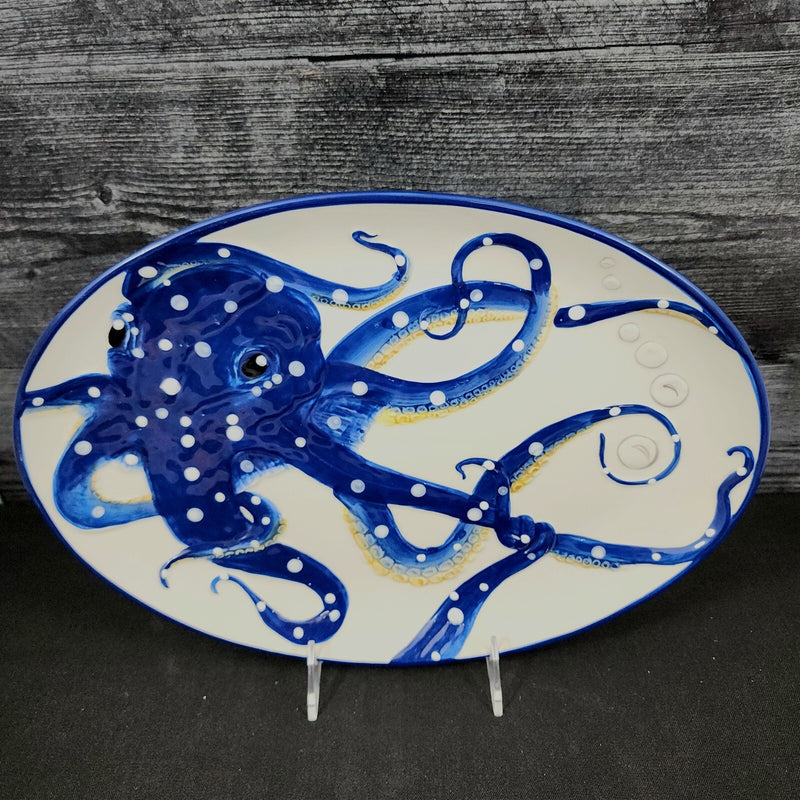 Load image into Gallery viewer, Octopus Platter Embossed Oval Serving Tray Ceramic Blue Sky 13.5"