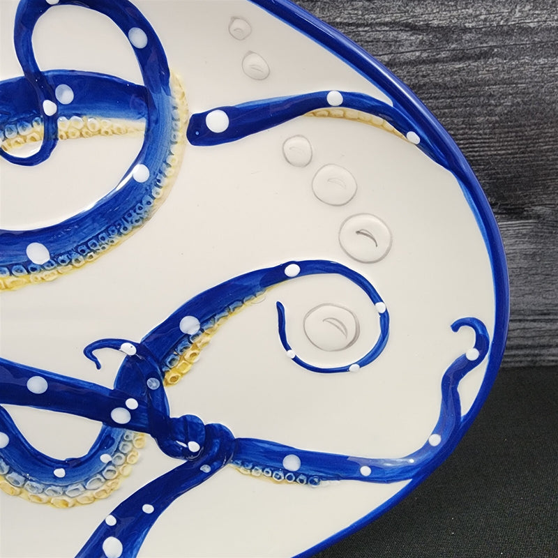 Load image into Gallery viewer, Octopus Platter Embossed Oval Serving Tray Ceramic Blue Sky 13.5"