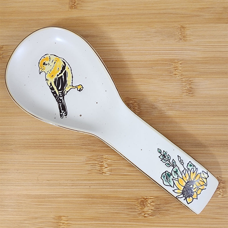 Load image into Gallery viewer, Goldfinch Sunflower Spoon Rest for Cooking Ceramic by Blue Sky Spectrum Embossed
