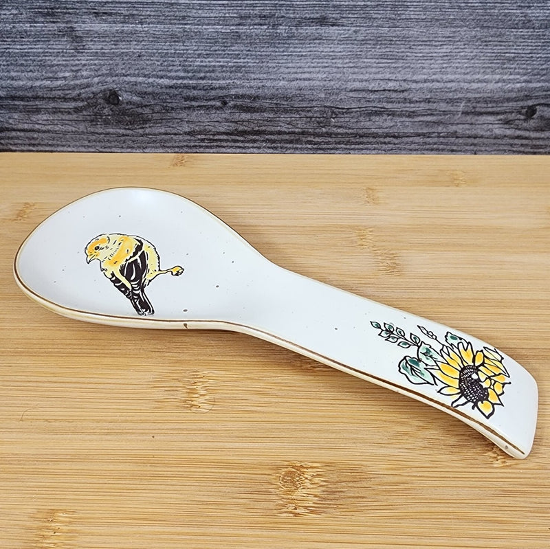 Load image into Gallery viewer, Goldfinch Sunflower Spoon Rest for Cooking Ceramic by Blue Sky Spectrum Embossed