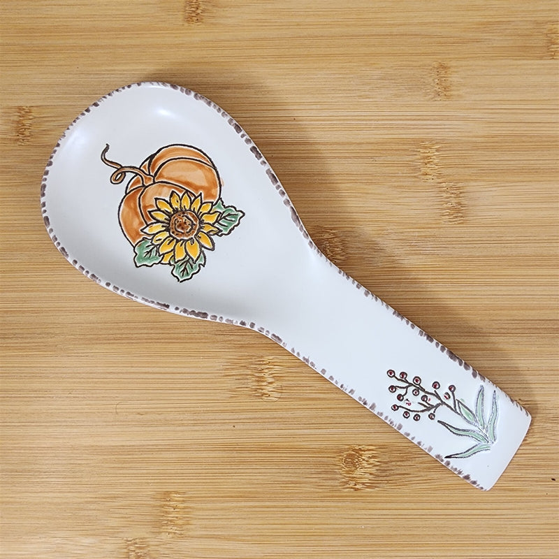 Load image into Gallery viewer, Saddlebrook Farm Spoon Rest Pumpkin Fall Sunflower Ceramic Spectrum Embossed