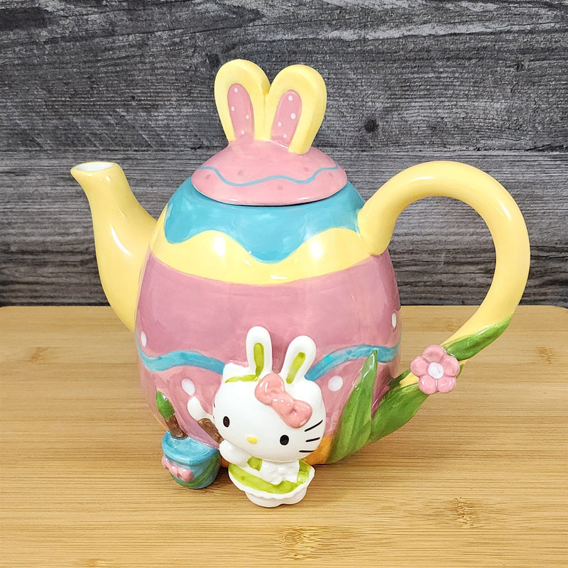 Load image into Gallery viewer, Hello Kitty Easter Teapot Bunny Painter Ceramic Egg Shaped Blue Sky Spring Decor