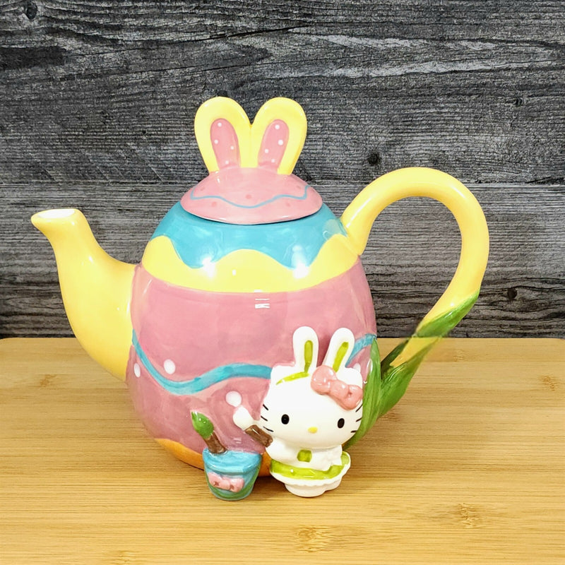 Load image into Gallery viewer, Hello Kitty Easter Teapot Bunny Painter Ceramic Egg Shaped Blue Sky Spring Decor