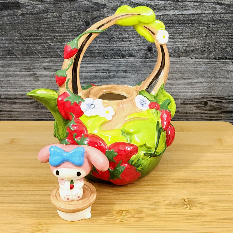 Load image into Gallery viewer, Hello Kitty & My Melody Strawberry Garden Teapot Ceramic Blue Sky Floral Tea Pot