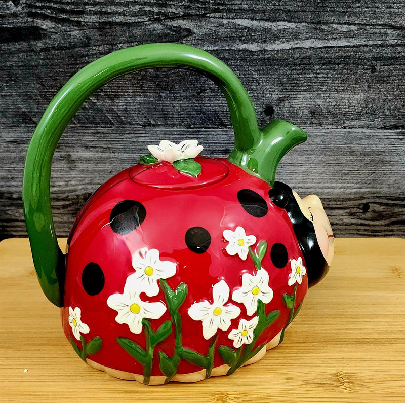 Load image into Gallery viewer, Ladybug Teapot Red Ceramic Spring Flower Garden by Blue Sky Embossed Tea Pot