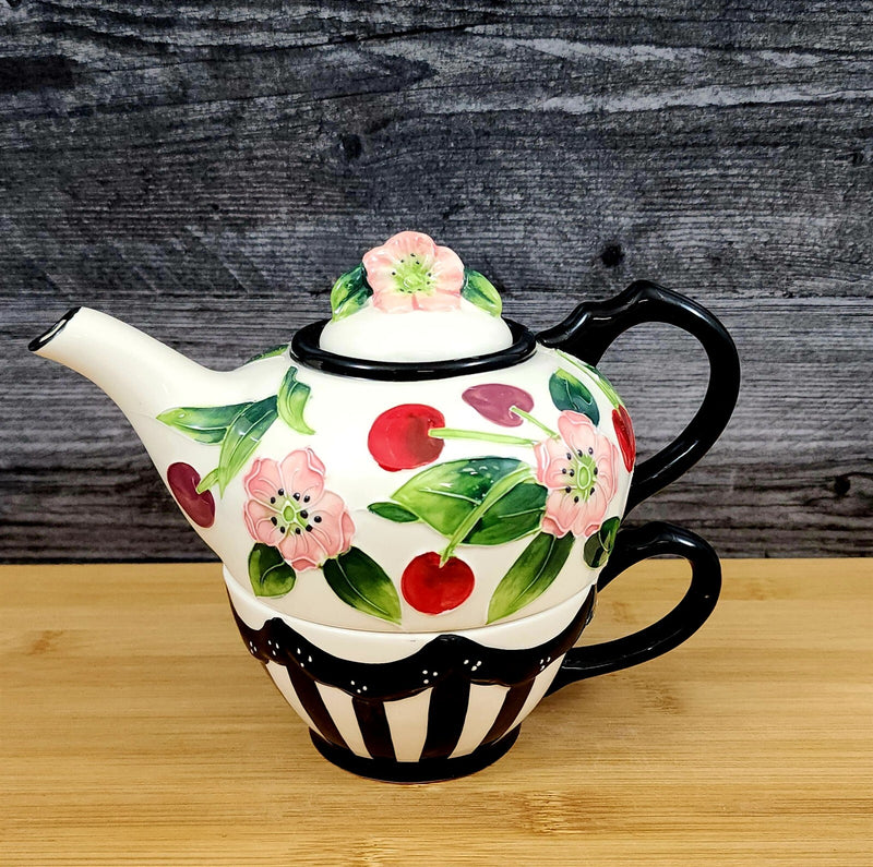 Load image into Gallery viewer, Cherry Tea for one Flower Garden Teapot Ceramic Blue Sky Floral Tea Pot Embossed