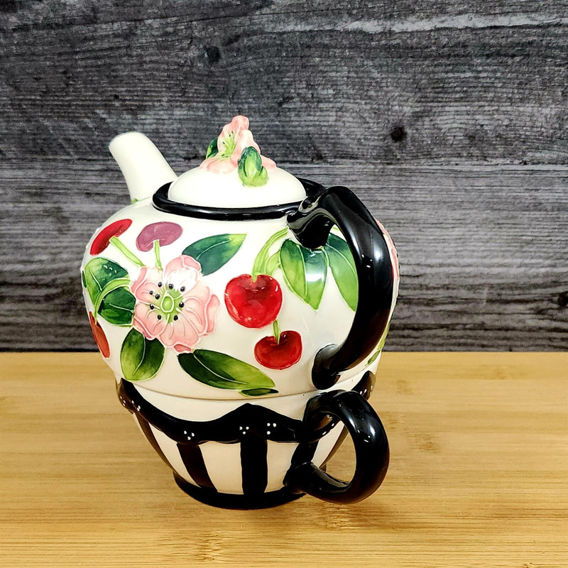 Load image into Gallery viewer, Cherry Tea for one Flower Garden Teapot Ceramic Blue Sky Floral Tea Pot Embossed