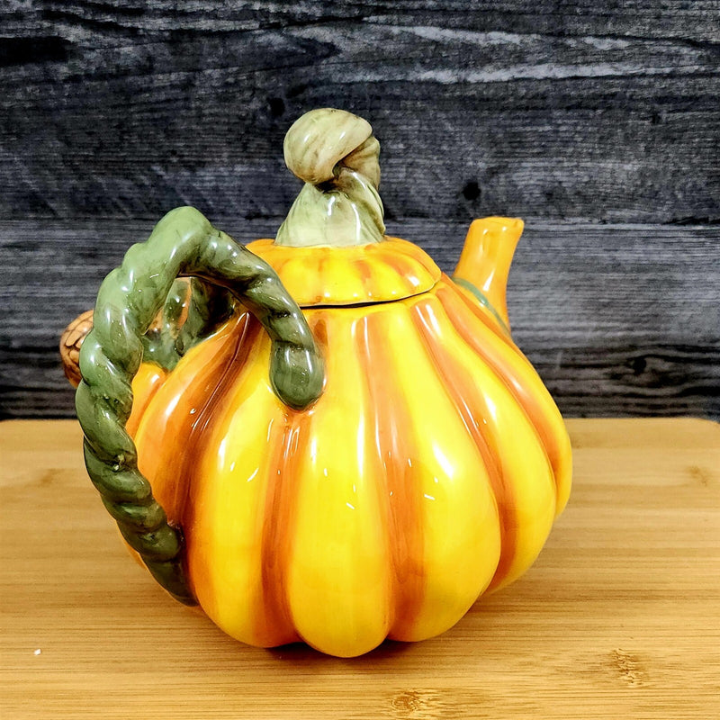 Load image into Gallery viewer, Harvest Pumpkin Teapot Autumn Garden Ceramic Blue Sky Floral Tea Pot Embossed