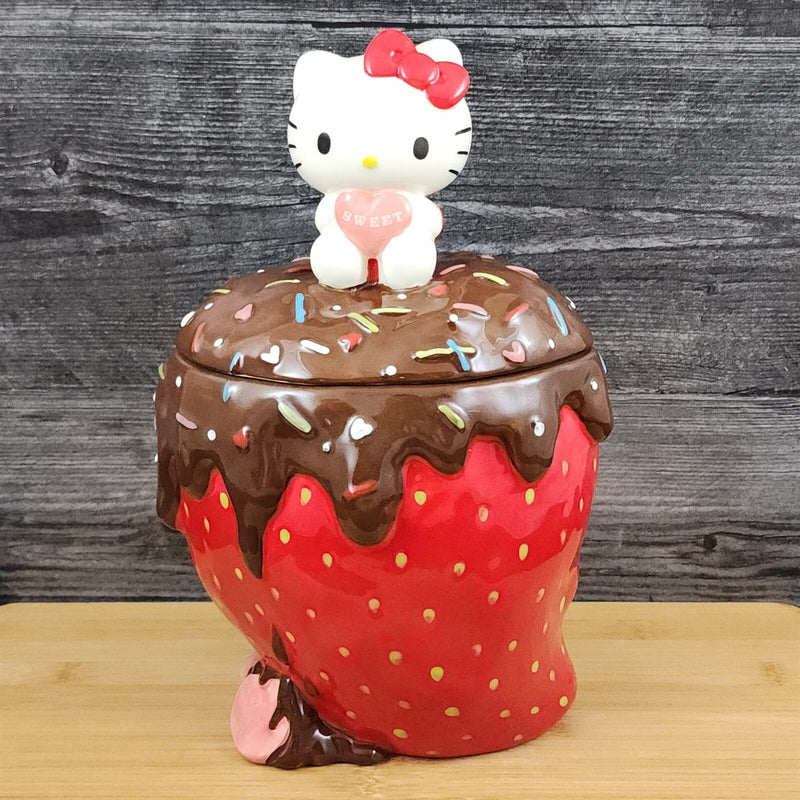 Load image into Gallery viewer, Hello Kitty with Strawberry Cookie Treat Jar Chocolate Covered Blue Sky Ceramic